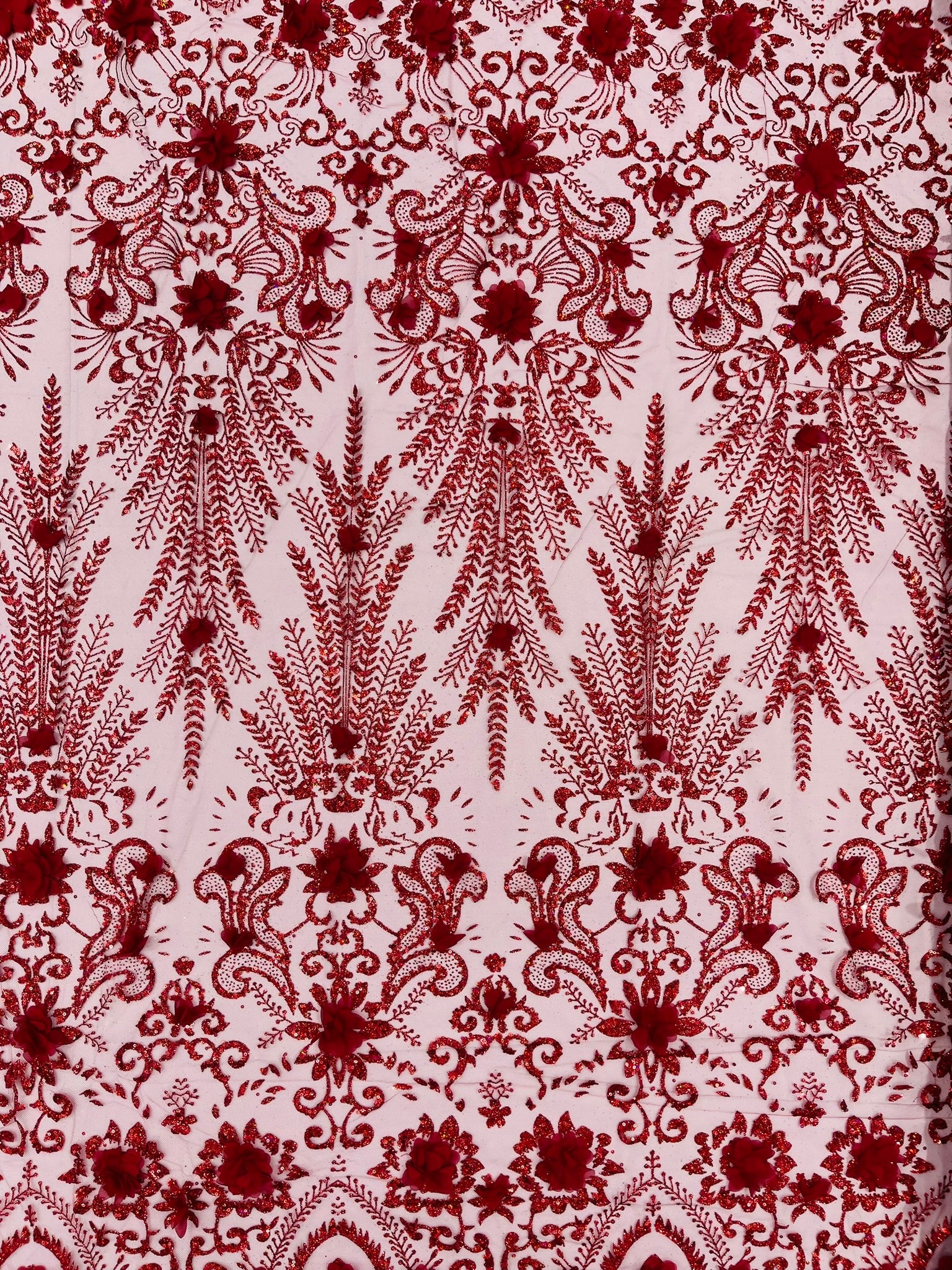 Floral 3D Palm Damask with Glitter in a Mesh Lace| New Creations Fabric & Foam Inc. - New Creations Fabric & Foam Inc