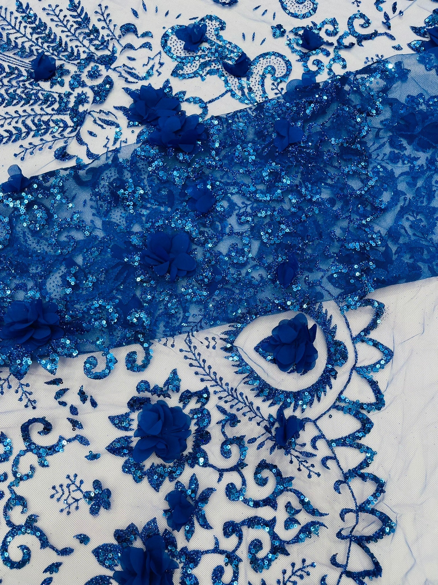 Floral 3D Palm Damask with Glitter in a Mesh Lace| New Creations Fabric & Foam Inc. - New Creations Fabric & Foam Inc