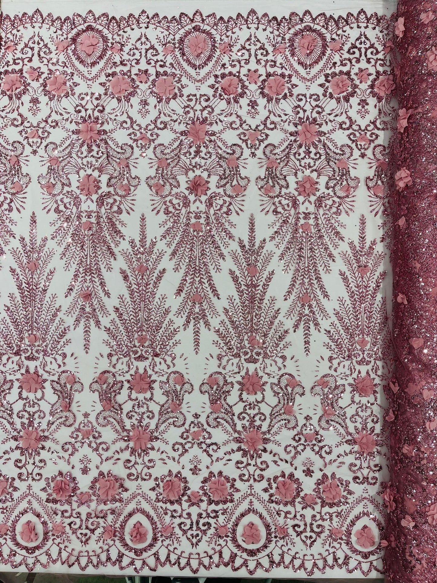 Floral 3D Palm Damask with Glitter in a Mesh Lace| New Creations Fabric & Foam Inc. - New Creations Fabric & Foam Inc
