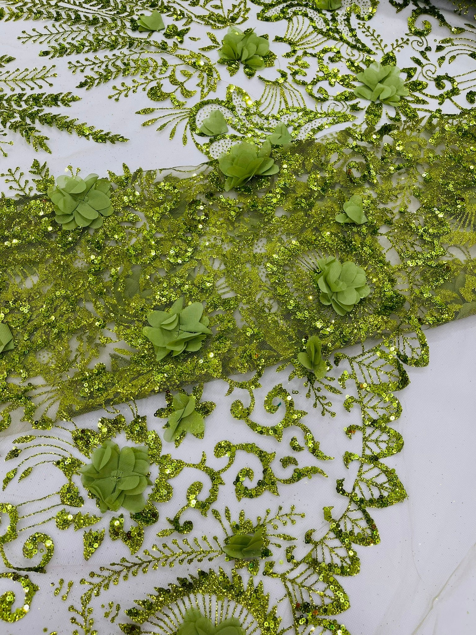 Floral 3D Palm Damask with Glitter in a Mesh Lace| New Creations Fabric & Foam Inc. - New Creations Fabric & Foam Inc