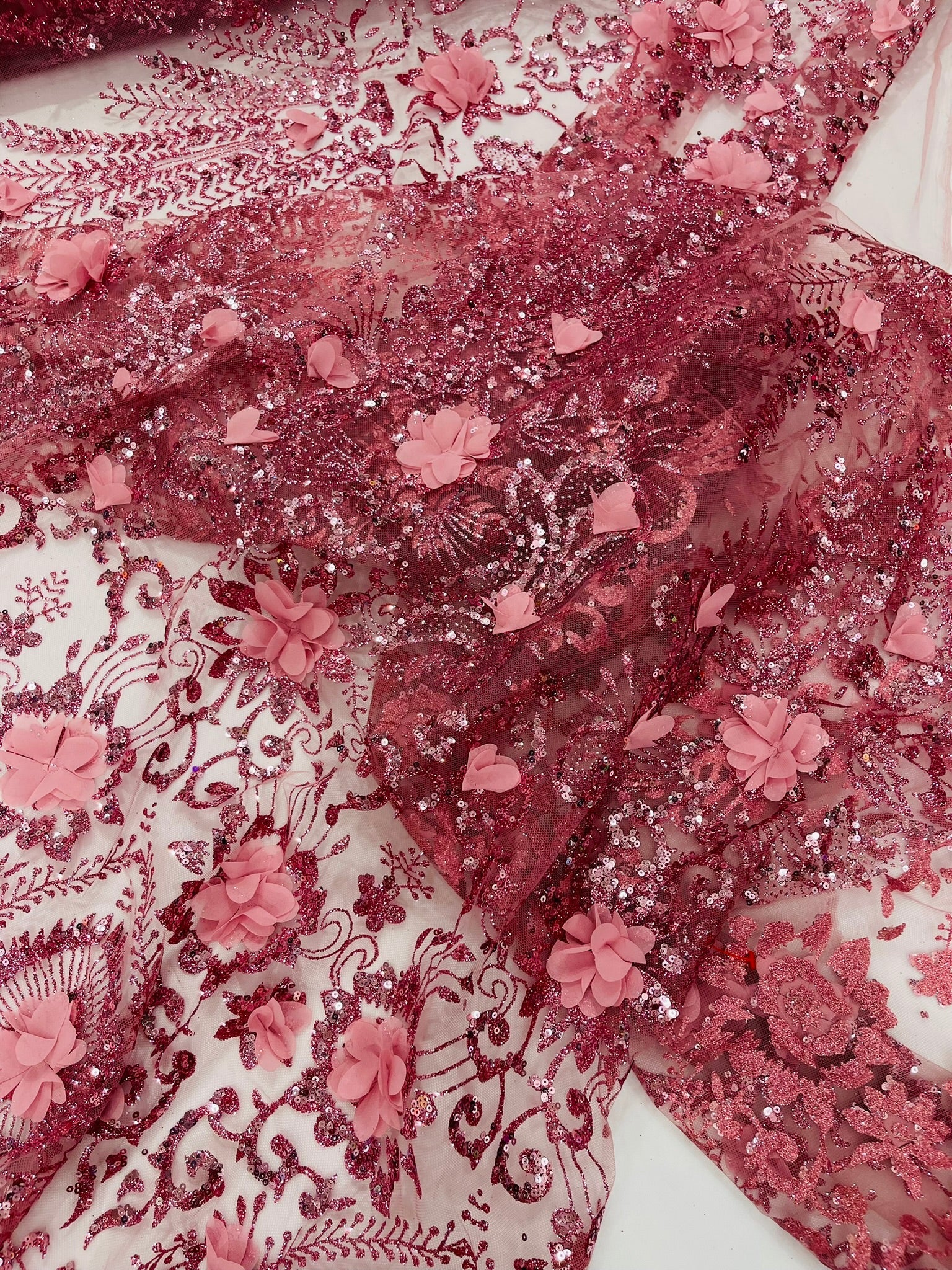 Floral 3D Palm Damask with Glitter in a Mesh Lace| New Creations Fabric & Foam Inc. - New Creations Fabric & Foam Inc