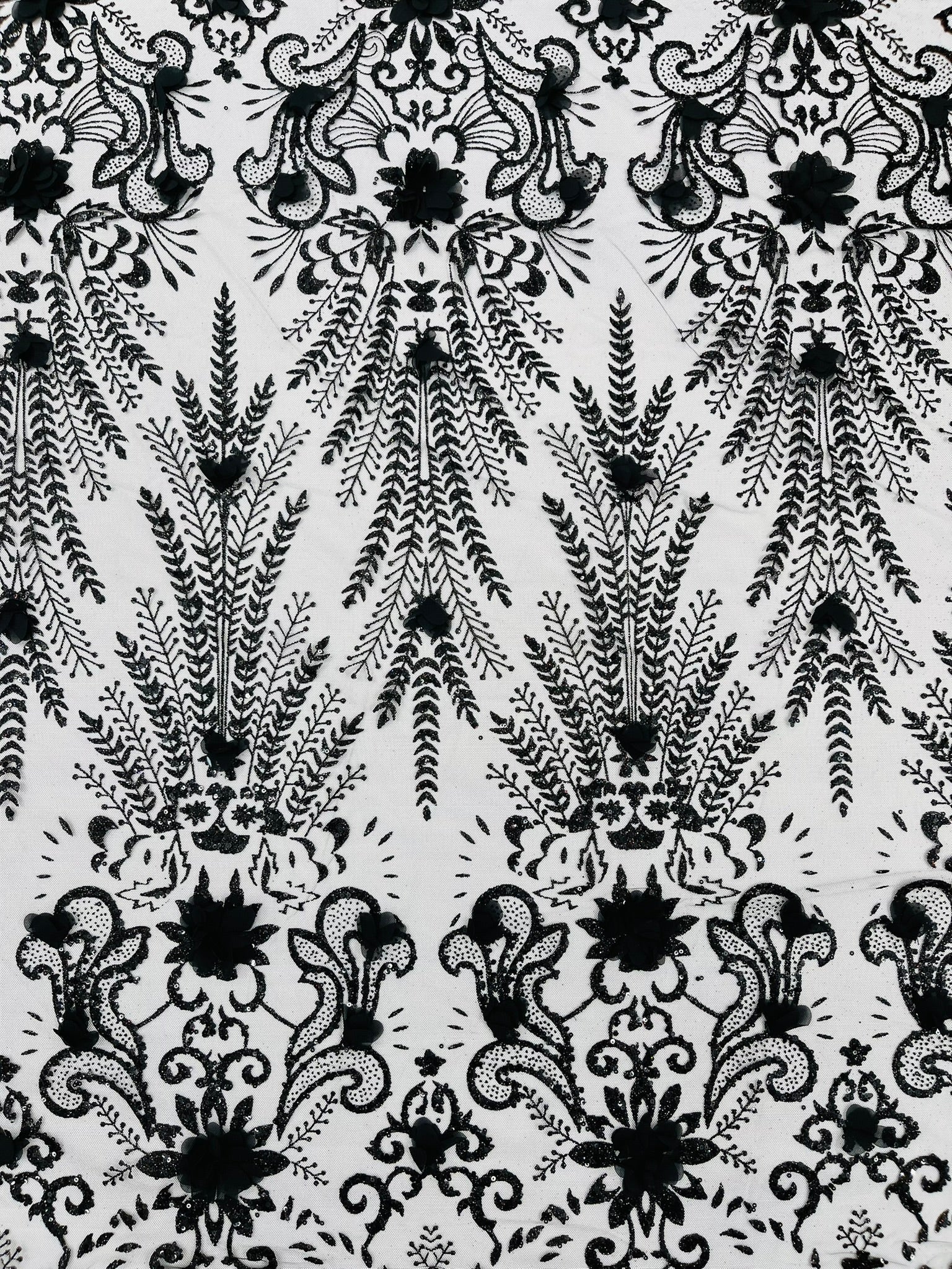 Floral 3D Palm Damask with Glitter in a Mesh Lace| New Creations Fabric & Foam Inc. - New Creations Fabric & Foam Inc