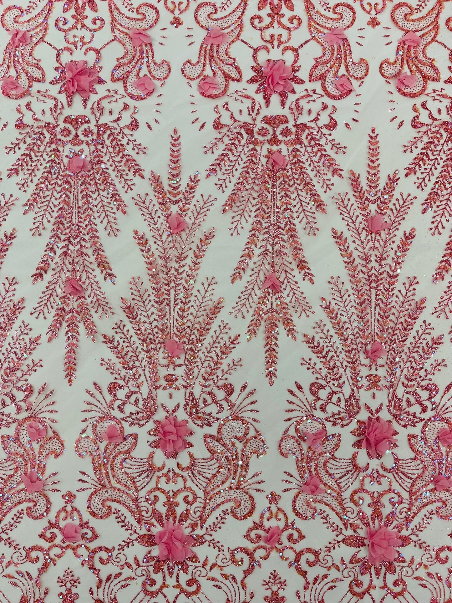 Floral 3D Palm Damask with Glitter in a Mesh Lace| New Creations Fabric & Foam Inc. - New Creations Fabric & Foam Inc