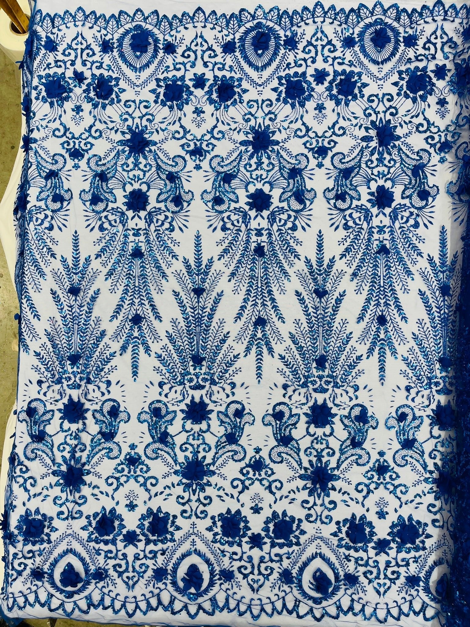 Floral 3D Palm Damask with Glitter in a Mesh Lace| New Creations Fabric & Foam Inc. - New Creations Fabric & Foam Inc