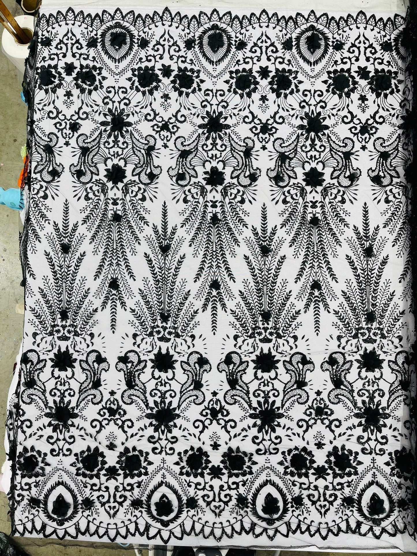 Floral 3D Palm Damask with Glitter in a Mesh Lace| New Creations Fabric & Foam Inc. - New Creations Fabric & Foam Inc