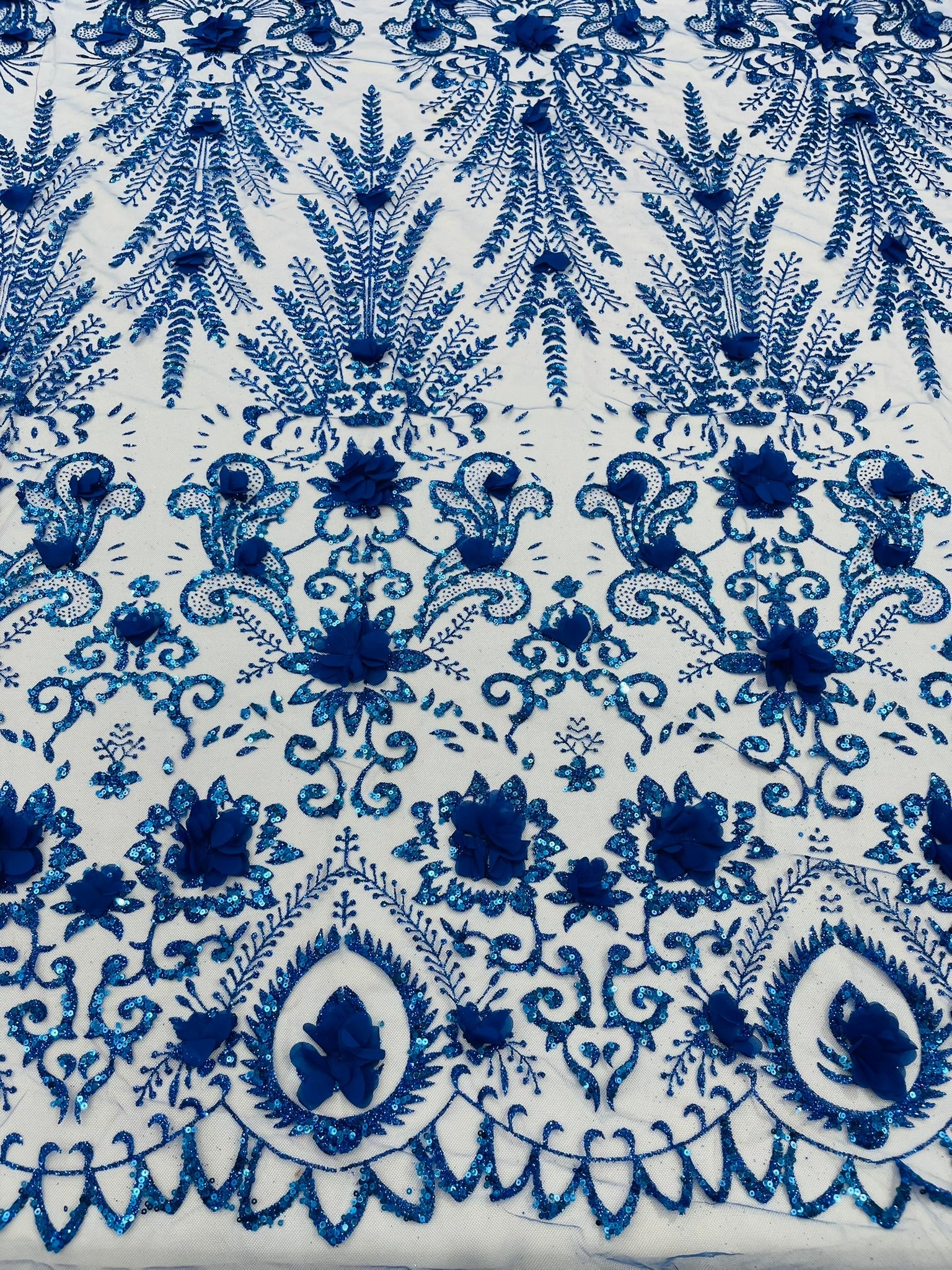 Floral 3D Palm Damask with Glitter in a Mesh Lace| New Creations Fabric & Foam Inc. - New Creations Fabric & Foam Inc