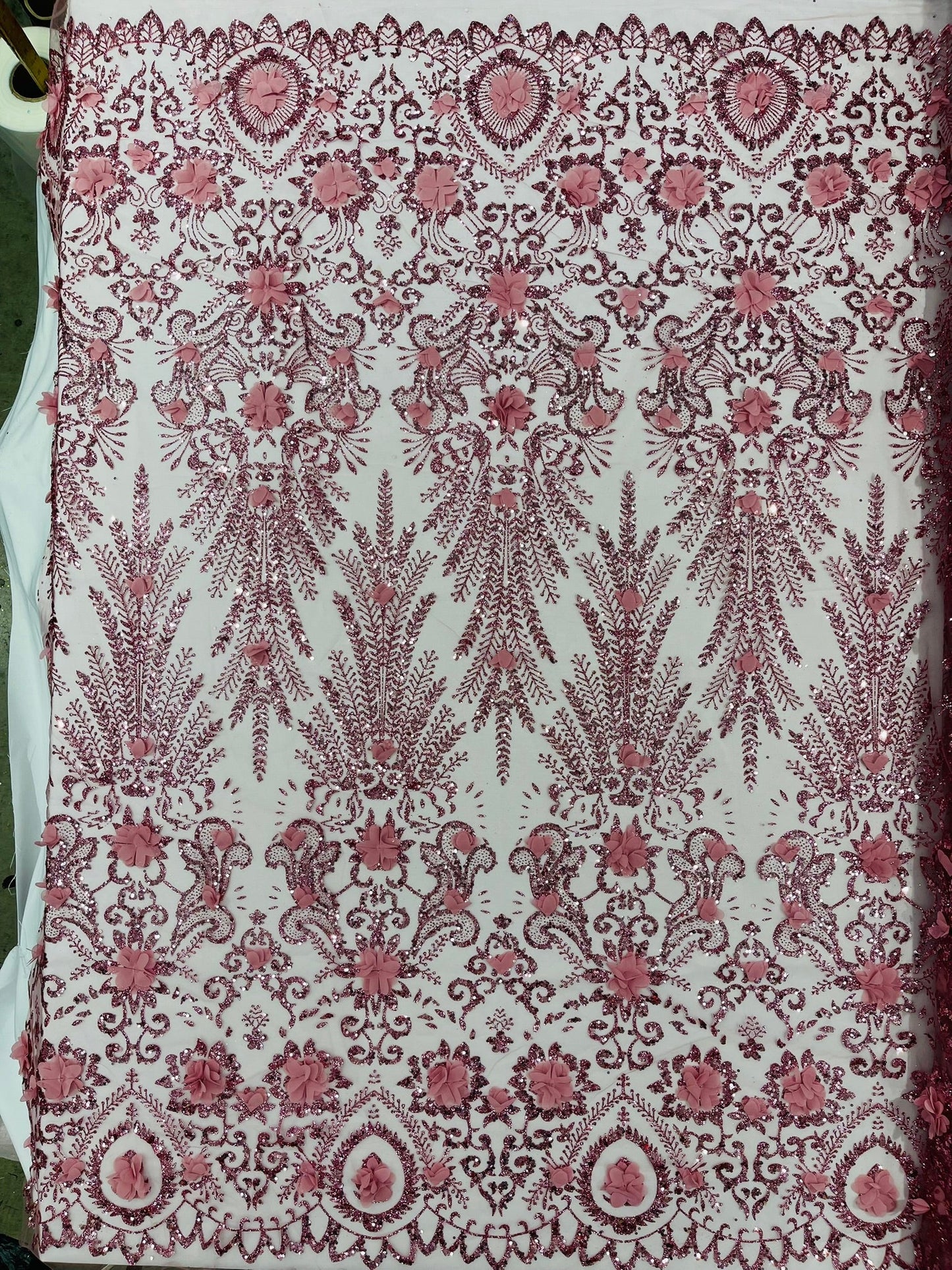 Floral 3D Palm Damask with Glitter in a Mesh Lace| New Creations Fabric & Foam Inc. - New Creations Fabric & Foam Inc