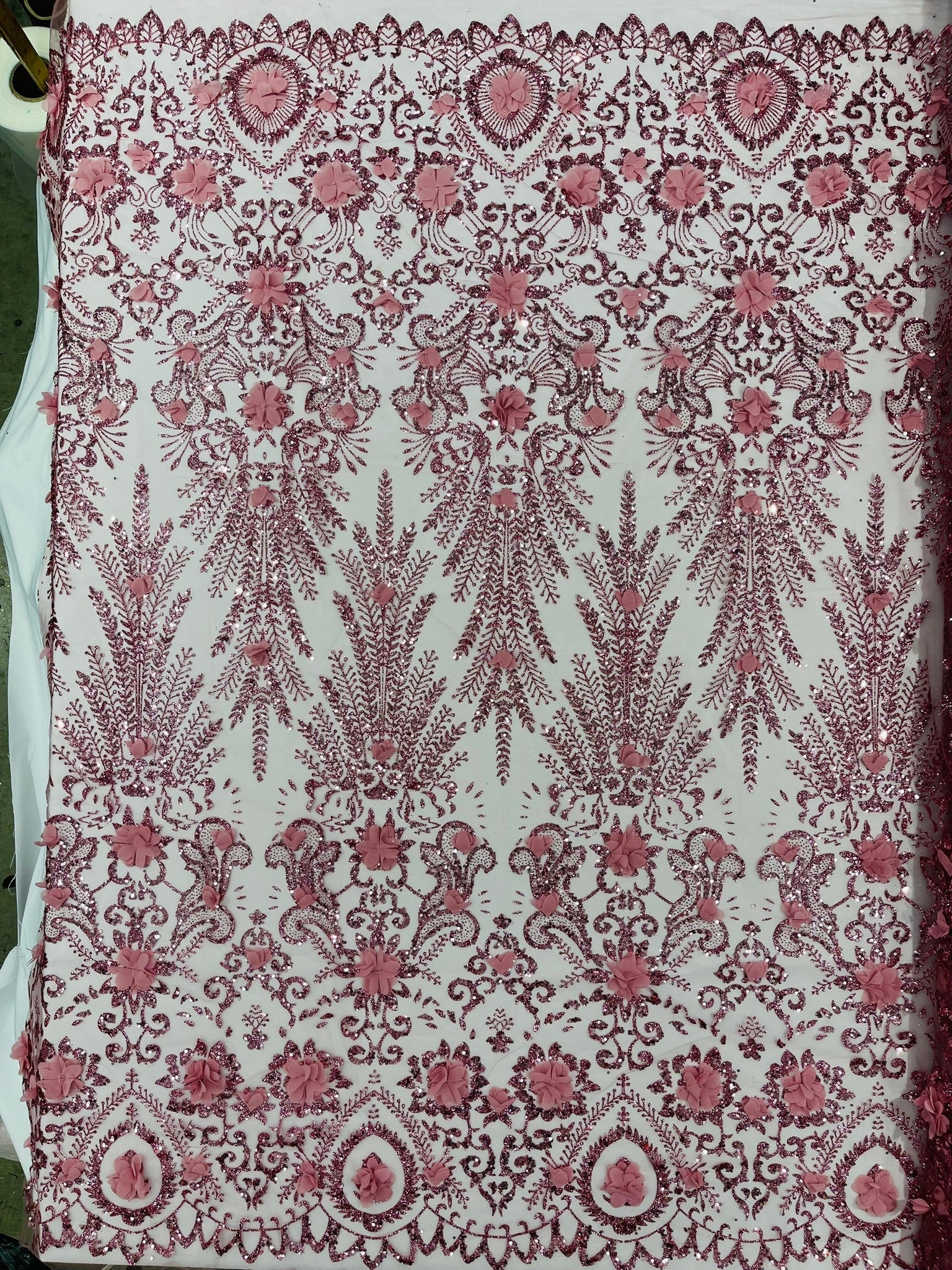 Floral 3D Palm Damask with Glitter in a Mesh Lace| New Creations Fabric & Foam Inc. - New Creations Fabric & Foam Inc