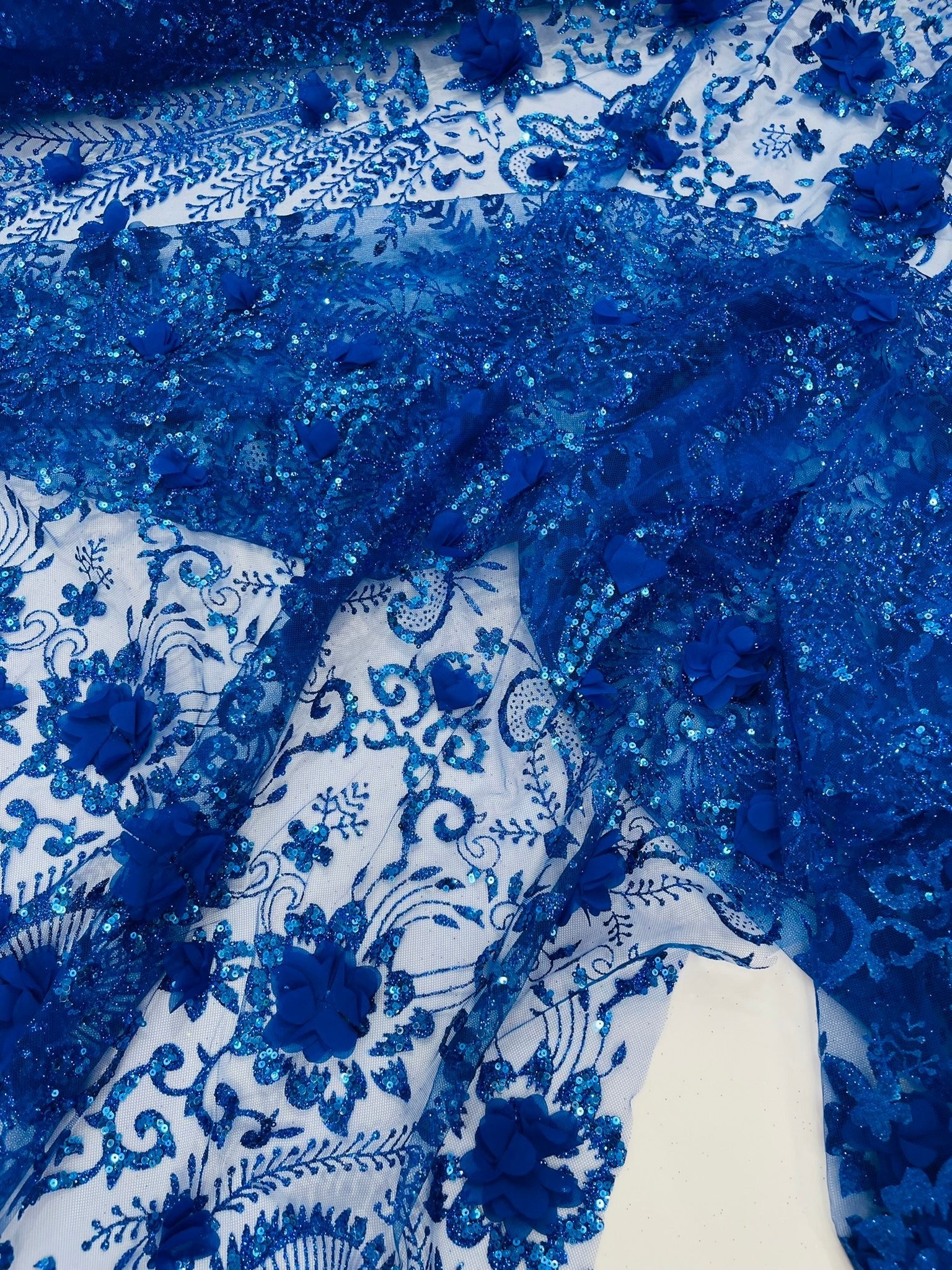 Floral 3D Palm Damask with Glitter in a Mesh Lace| New Creations Fabric & Foam Inc. - New Creations Fabric & Foam Inc