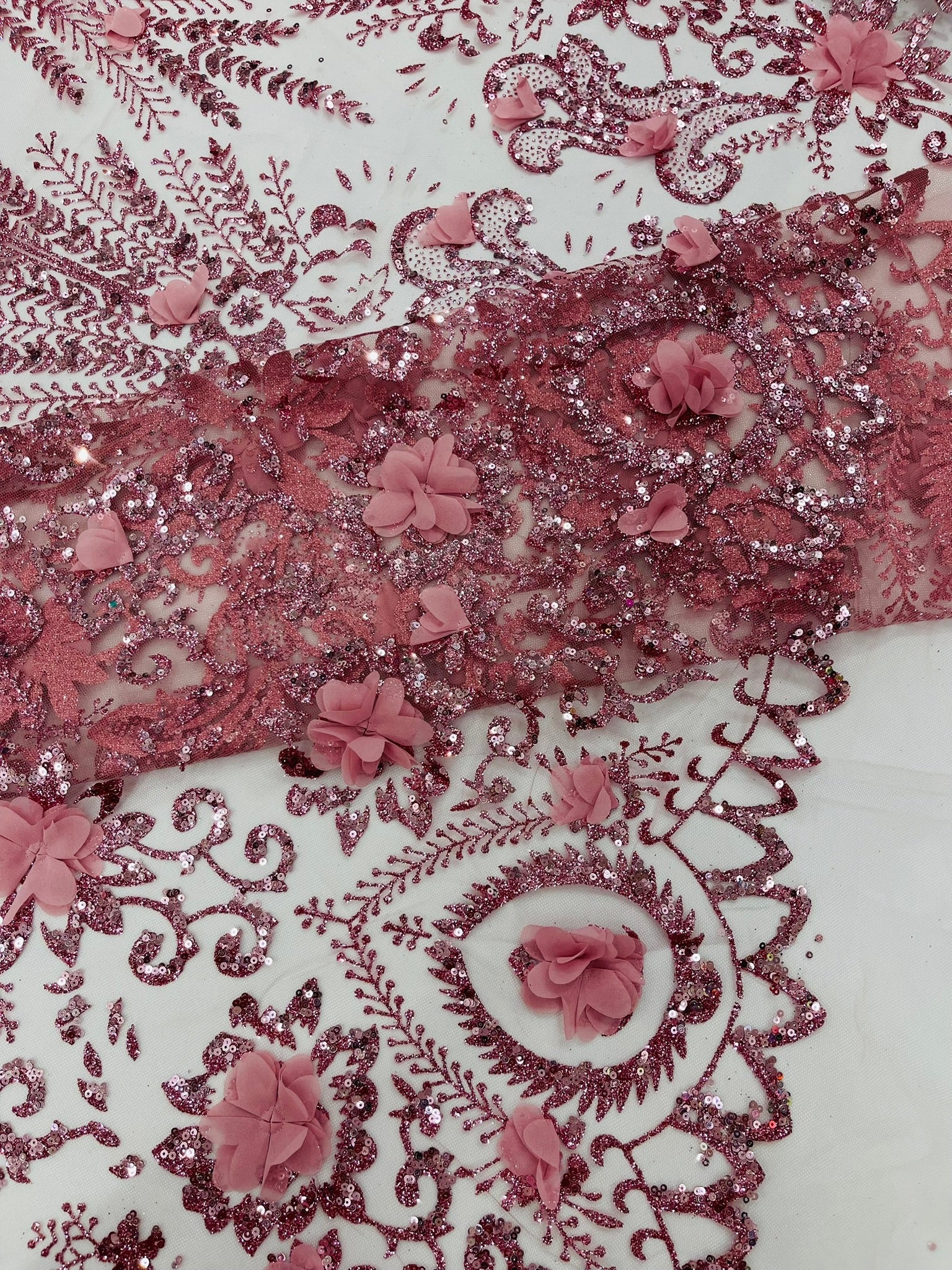 Floral 3D Palm Damask with Glitter in a Mesh Lace| New Creations Fabric & Foam Inc. - New Creations Fabric & Foam Inc