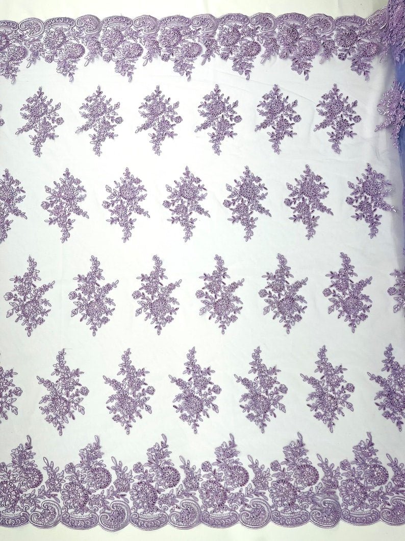 Floral corded embroider with sequins on a mesh lace fabric - prom - sold by the yard. - New Creations Fabric & Foam Inc