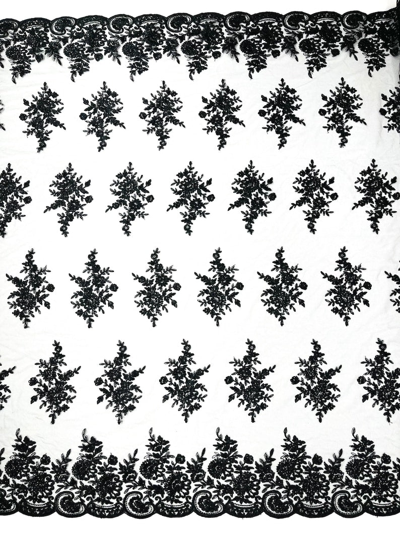 Floral corded embroider with sequins on a mesh lace fabric - prom - sold by the yard. - New Creations Fabric & Foam Inc