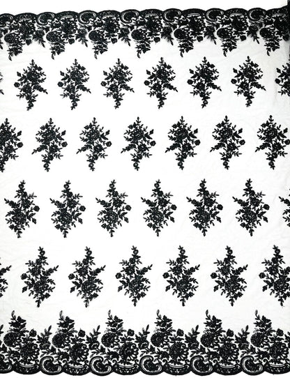 Floral corded embroider with sequins on a mesh lace fabric - prom - sold by the yard. - New Creations Fabric & Foam Inc