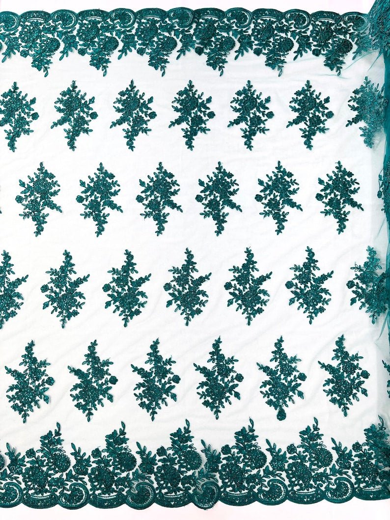 Floral corded embroider with sequins on a mesh lace fabric - prom - sold by the yard. - New Creations Fabric & Foam Inc