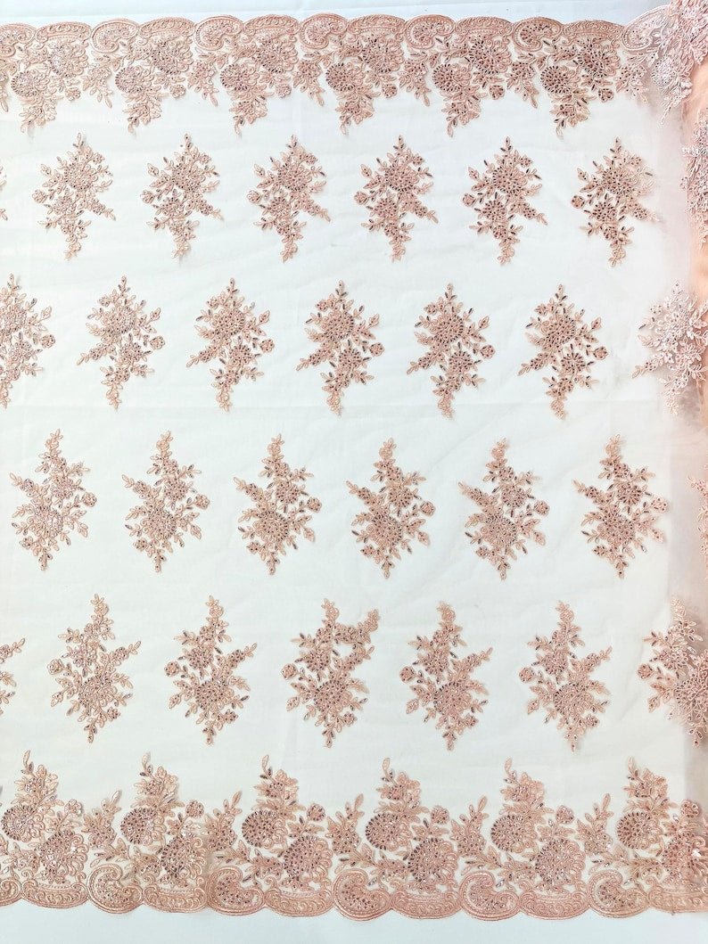 Floral corded embroider with sequins on a mesh lace fabric - prom - sold by the yard. - New Creations Fabric & Foam Inc