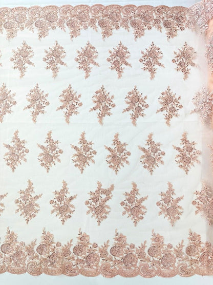 Floral corded embroider with sequins on a mesh lace fabric - prom - sold by the yard. - New Creations Fabric & Foam Inc