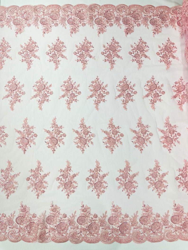 Floral corded embroider with sequins on a mesh lace fabric - prom - sold by the yard. - New Creations Fabric & Foam Inc