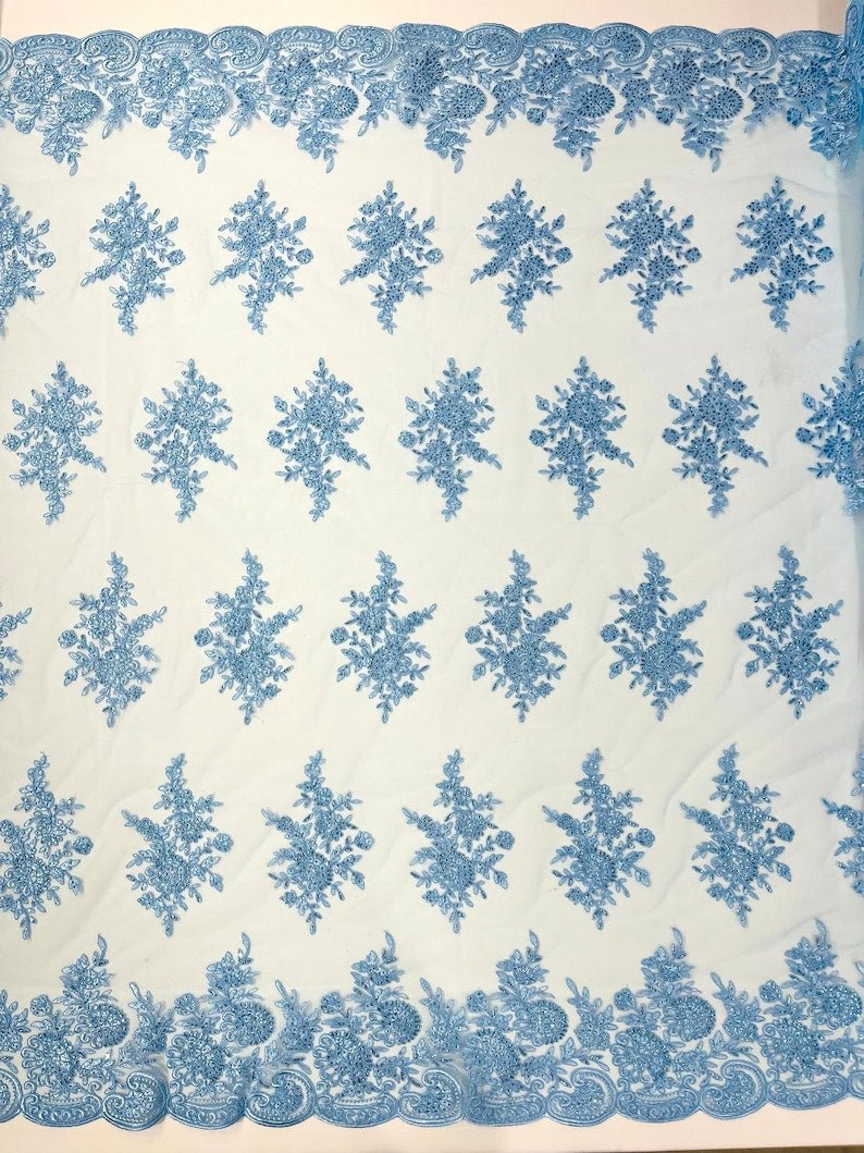 Floral corded embroider with sequins on a mesh lace fabric - prom - sold by the yard. - New Creations Fabric & Foam Inc