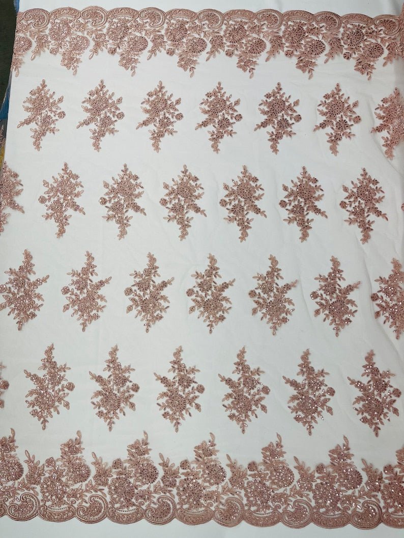 Floral corded embroider with sequins on a mesh lace fabric - prom - sold by the yard. - New Creations Fabric & Foam Inc