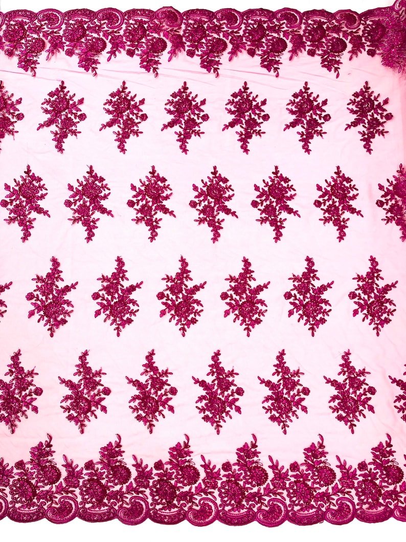 Floral corded embroider with sequins on a mesh lace fabric - prom - sold by the yard. - New Creations Fabric & Foam Inc