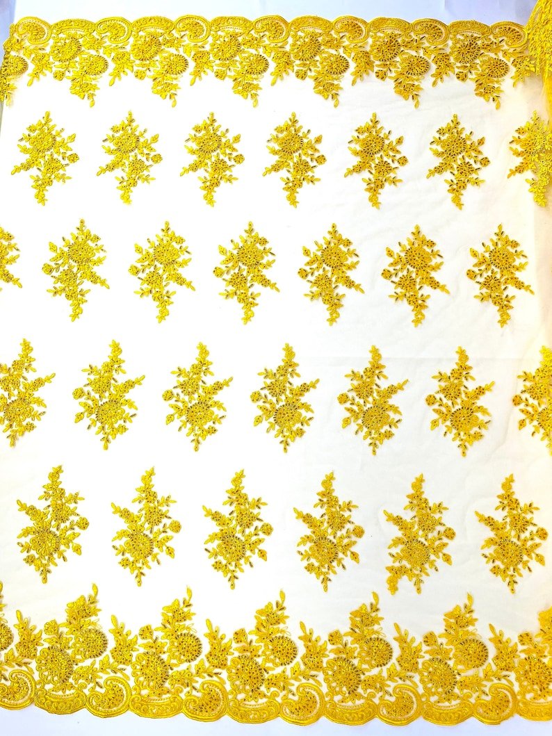 Floral corded embroider with sequins on a mesh lace fabric - prom - sold by the yard. - New Creations Fabric & Foam Inc