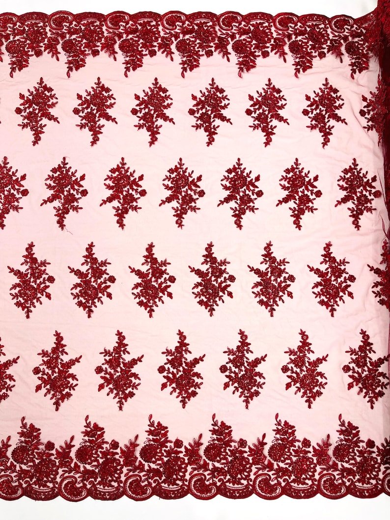 Floral corded embroider with sequins on a mesh lace fabric - prom - sold by the yard. - New Creations Fabric & Foam Inc