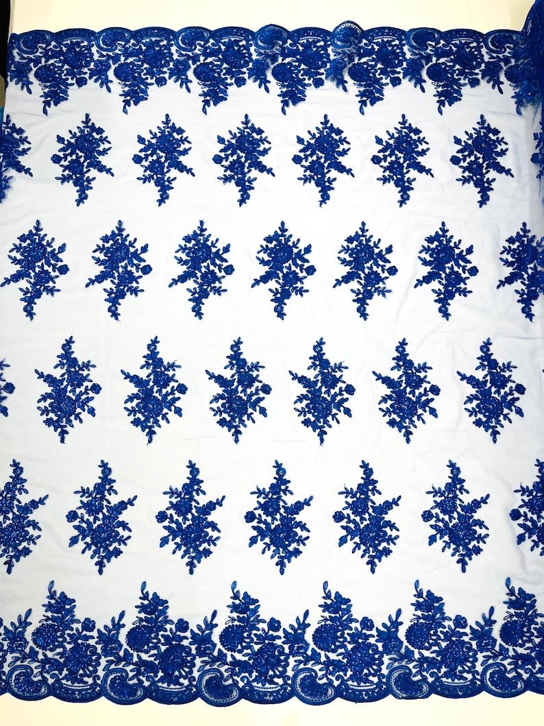 Floral corded embroider with sequins on a mesh lace fabric - prom - sold by the yard. - New Creations Fabric & Foam Inc