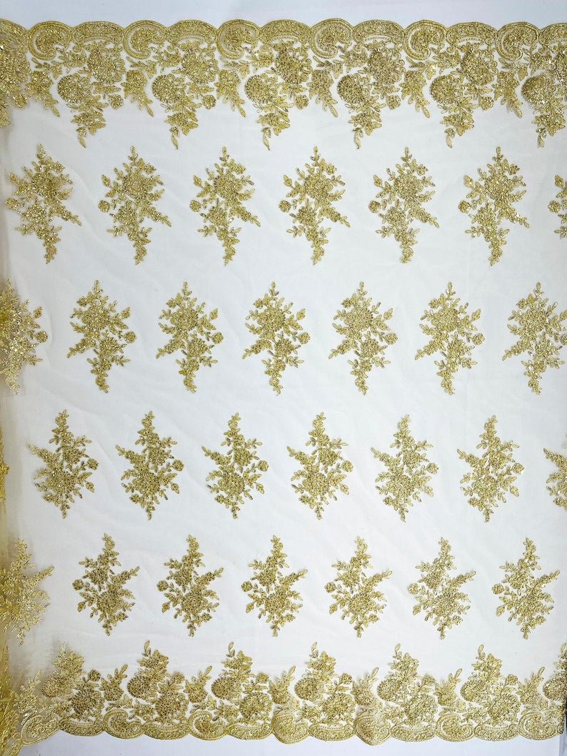 Floral corded embroider with sequins on a mesh lace fabric - prom - sold by the yard. - New Creations Fabric & Foam Inc
