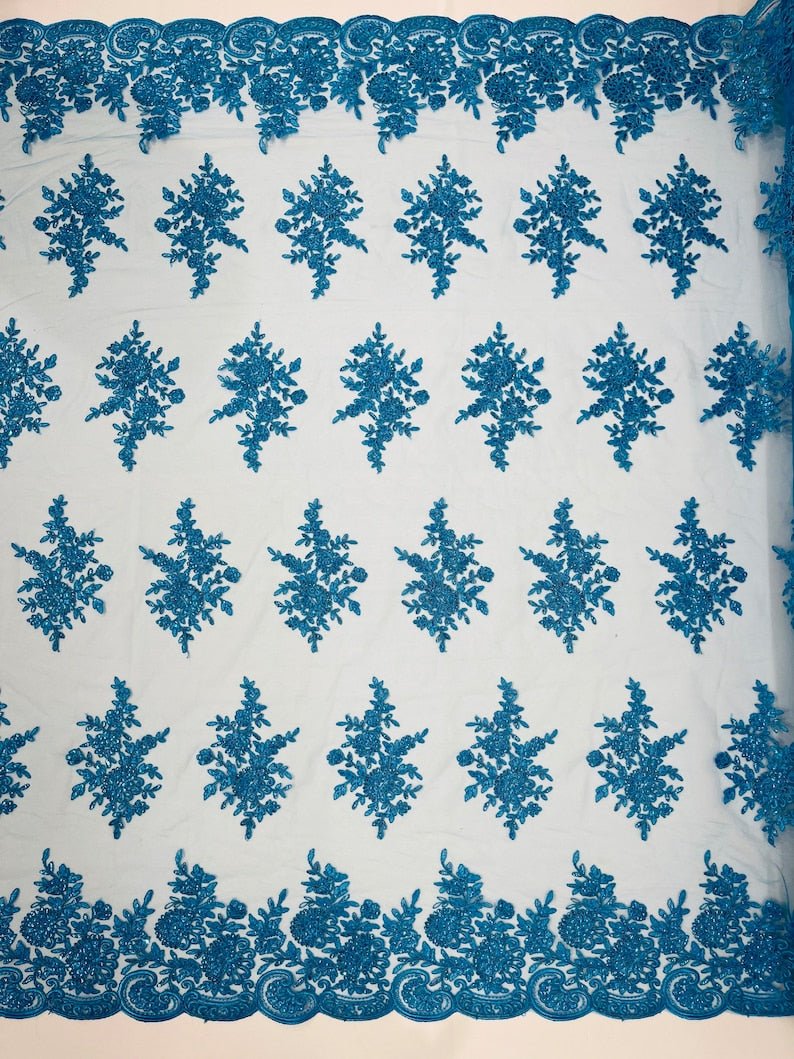 Floral corded embroider with sequins on a mesh lace fabric - prom - sold by the yard. - New Creations Fabric & Foam Inc