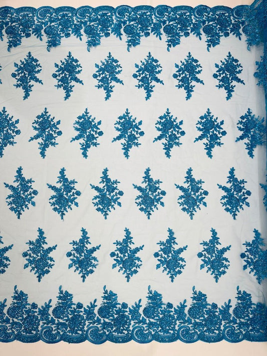 Floral corded embroider with sequins on a mesh lace fabric - prom - sold by the yard. - New Creations Fabric & Foam Inc