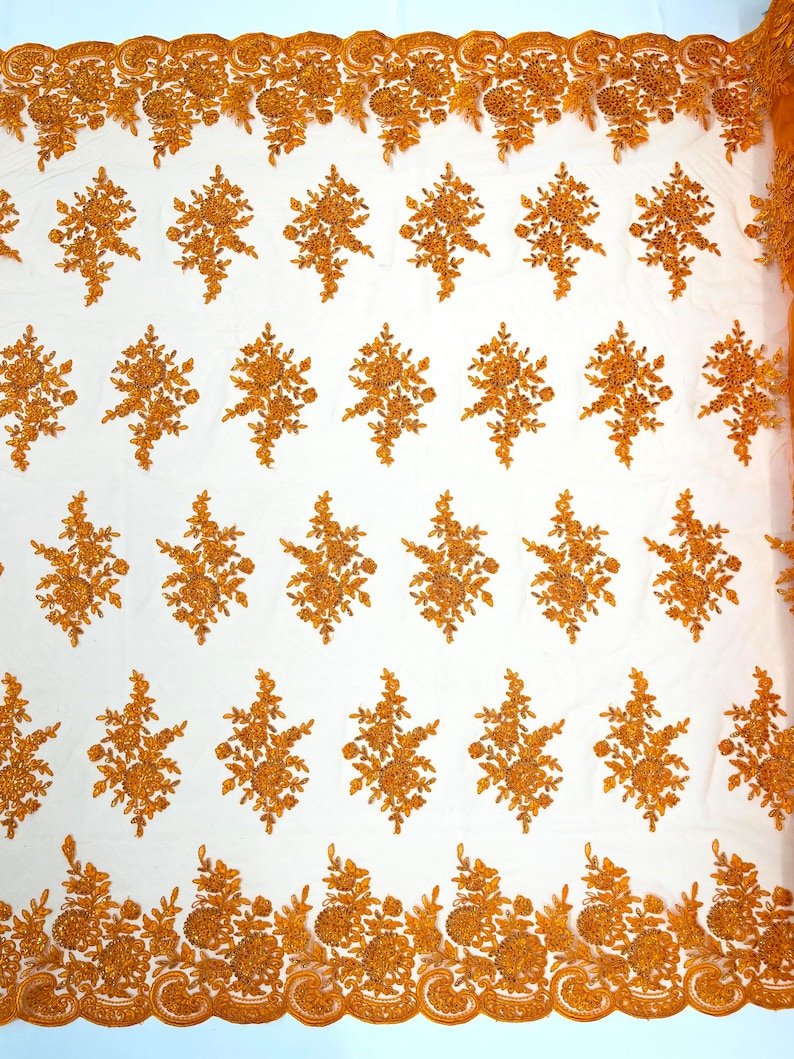 Floral corded embroider with sequins on a mesh lace fabric - prom - sold by the yard. - New Creations Fabric & Foam Inc