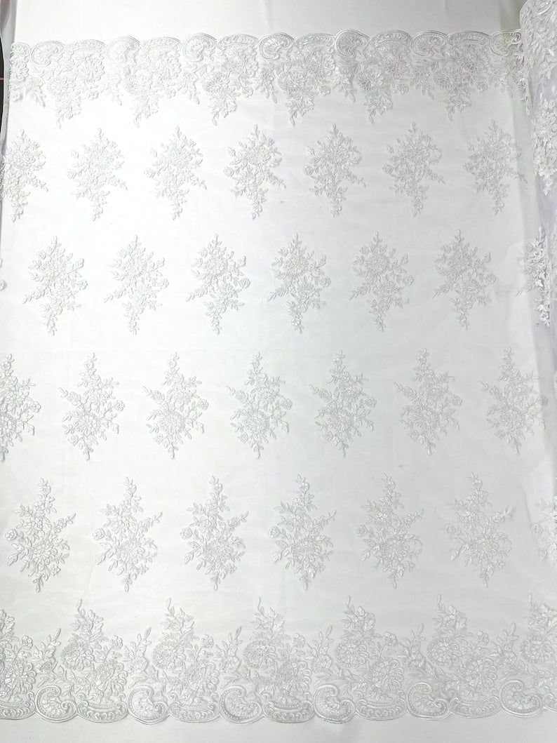 Floral corded embroider with sequins on a mesh lace fabric - prom - sold by the yard. - New Creations Fabric & Foam Inc