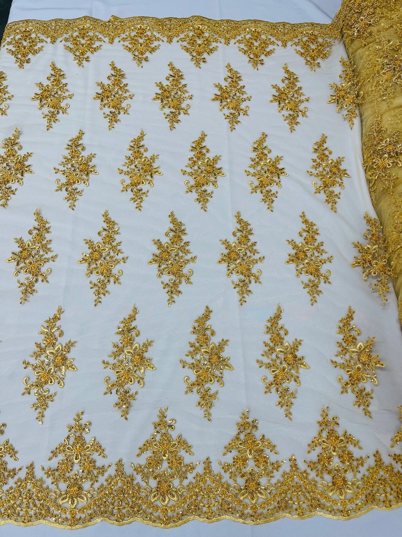 FLORAL DAMASK BEADED LACE ON MESH FABRIC (By The Yard) - New Creations Fabric & Foam Inc