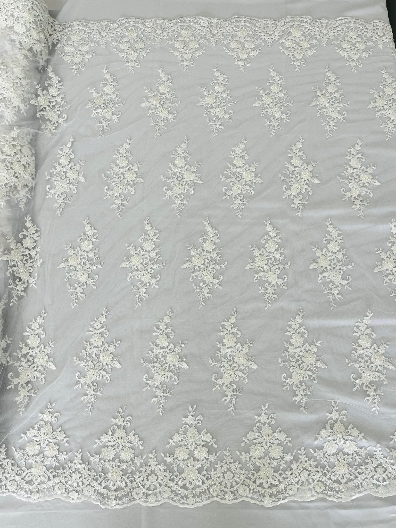 FLORAL DAMASK BEADED LACE ON MESH FABRIC (By The Yard) - New Creations Fabric & Foam Inc