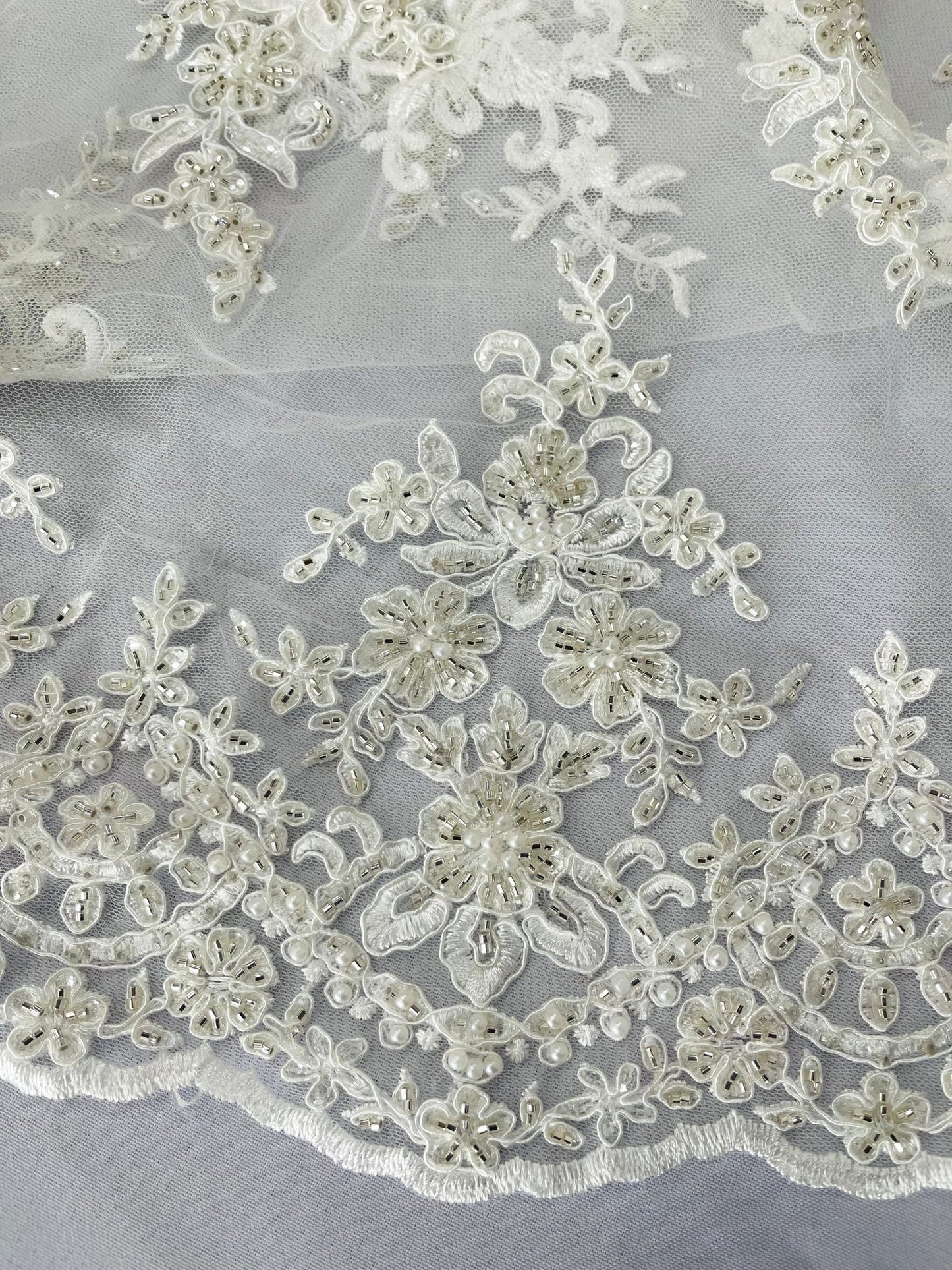 FLORAL DAMASK BEADED LACE ON MESH FABRIC (By The Yard) - New Creations Fabric & Foam Inc