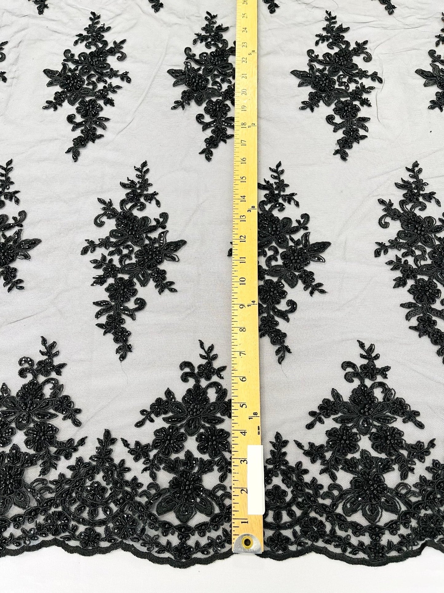 FLORAL DAMASK BEADED LACE ON MESH FABRIC (By The Yard) - New Creations Fabric & Foam Inc