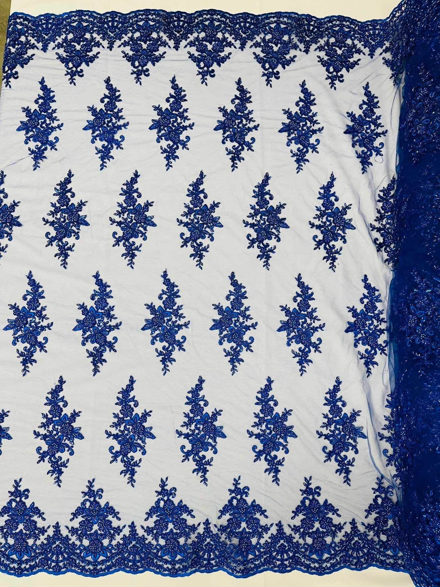 FLORAL DAMASK BEADED LACE ON MESH FABRIC (By The Yard) - New Creations Fabric & Foam Inc