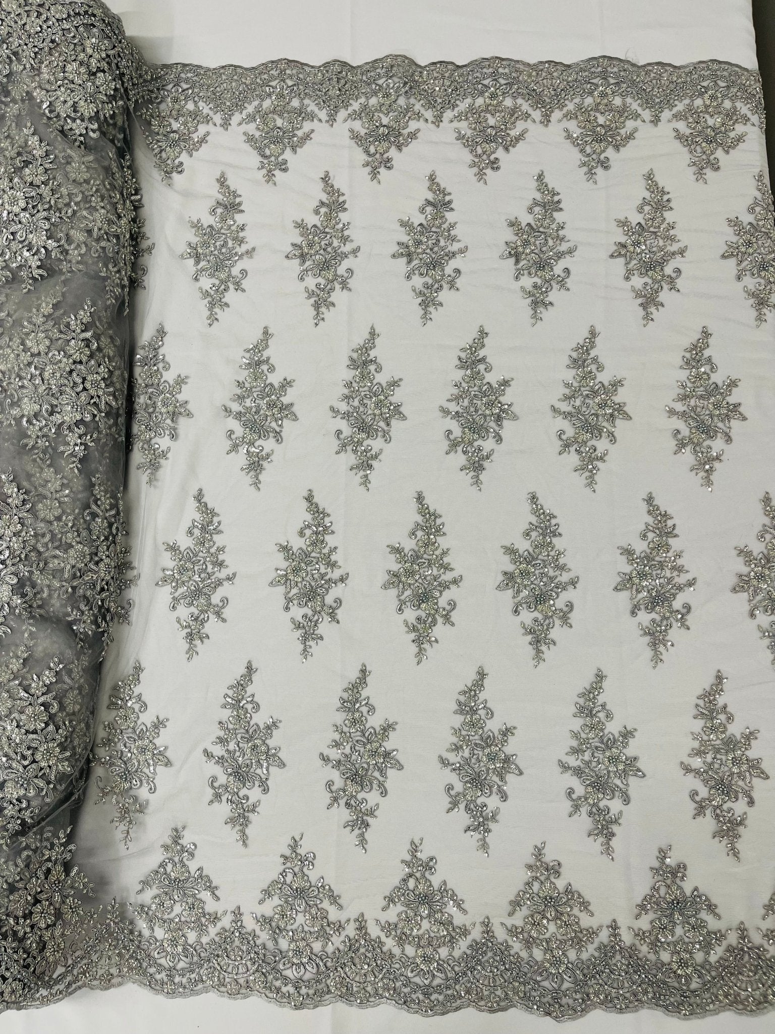 FLORAL DAMASK BEADED LACE ON MESH FABRIC (By The Yard) - New Creations Fabric & Foam Inc