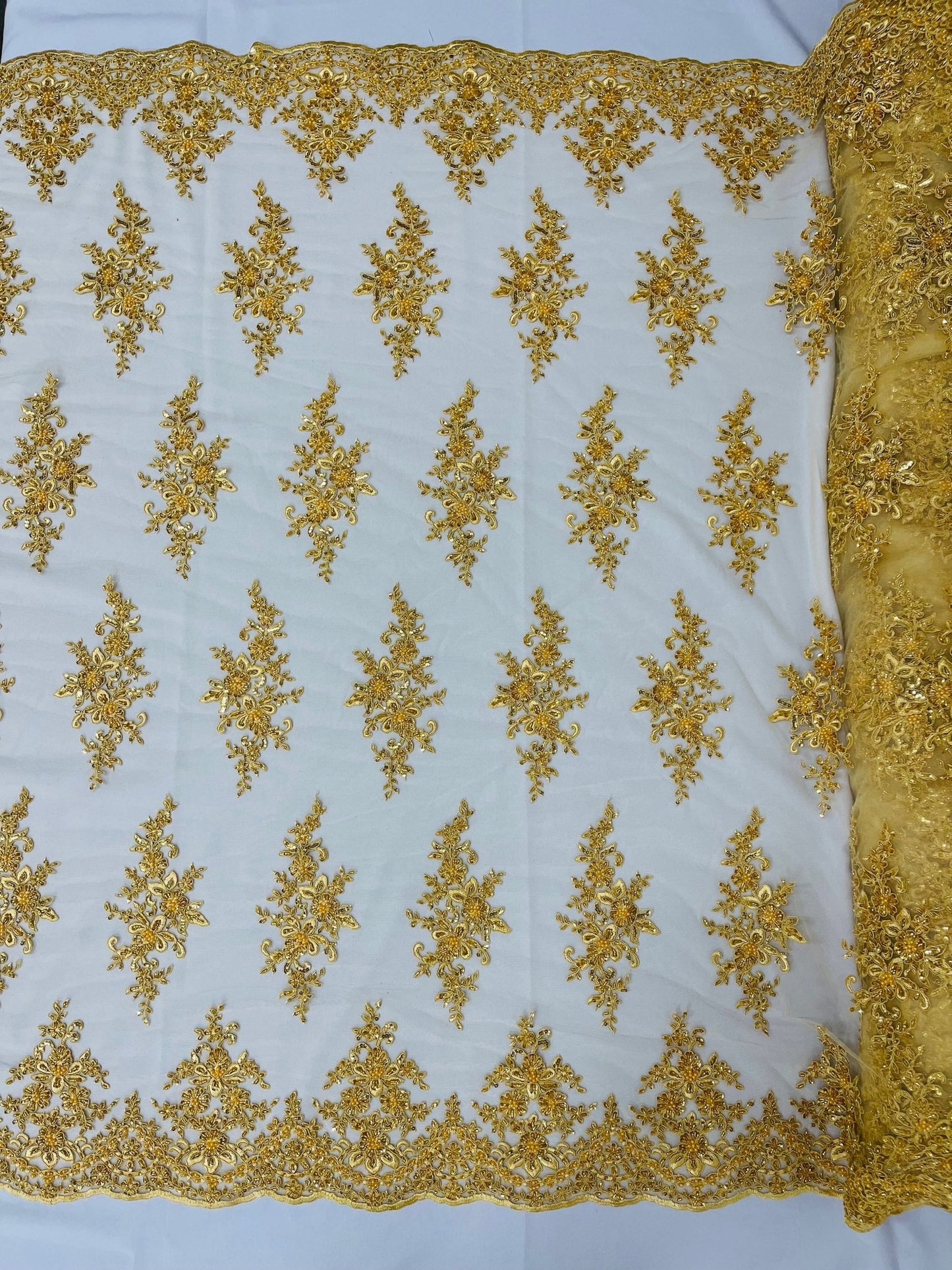 FLORAL DAMASK BEADED LACE ON MESH FABRIC (By The Yard) - New Creations Fabric & Foam Inc