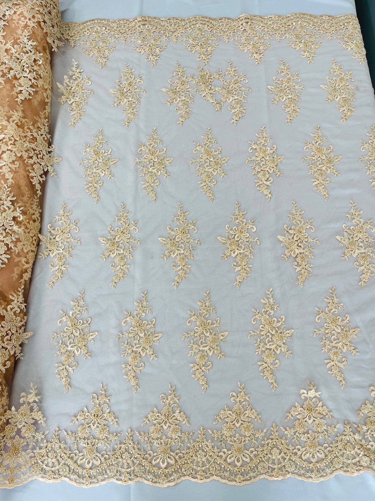 FLORAL DAMASK BEADED LACE ON MESH FABRIC (By The Yard) - New Creations Fabric & Foam Inc