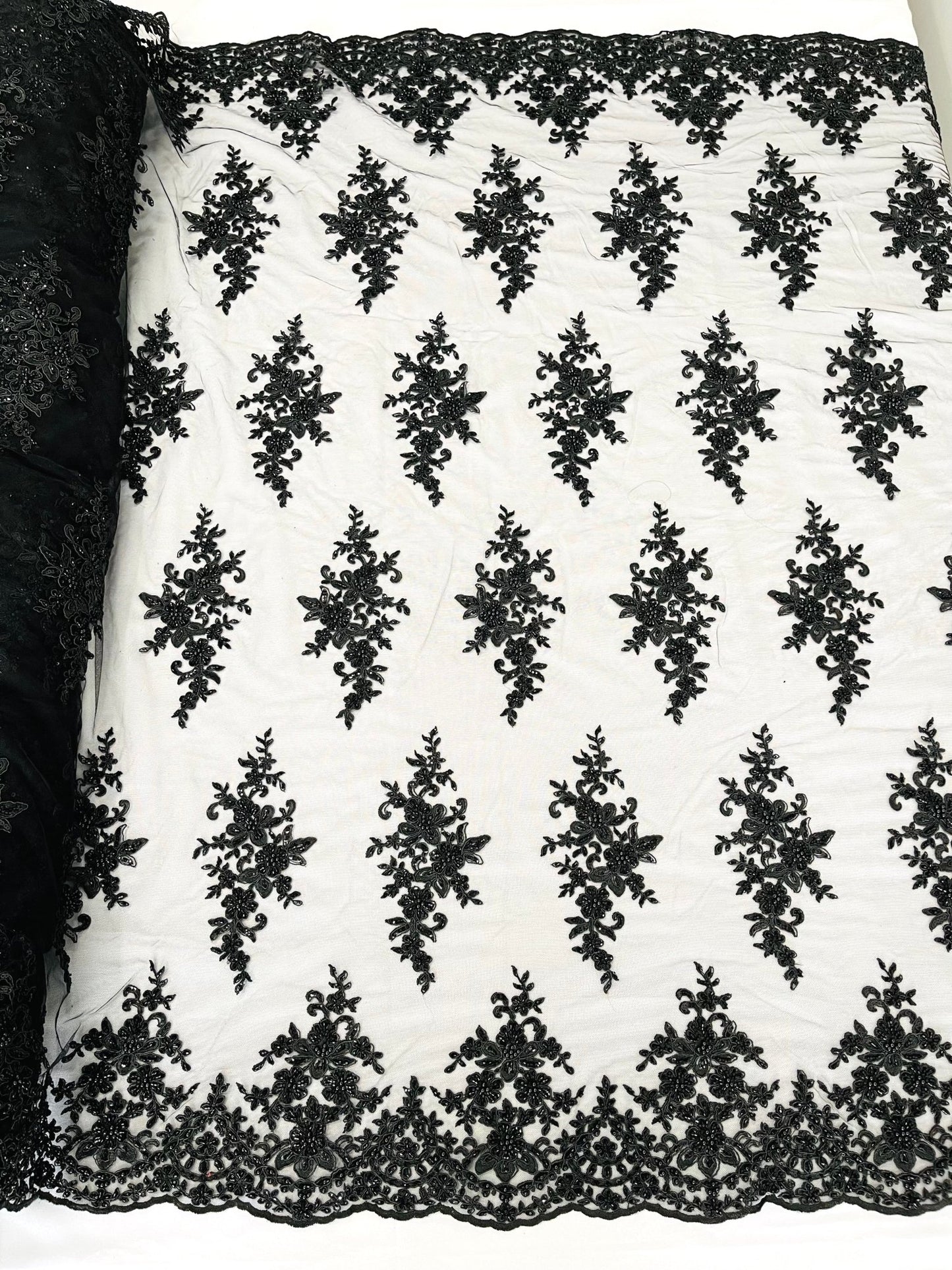 FLORAL DAMASK BEADED LACE ON MESH FABRIC (By The Yard) - New Creations Fabric & Foam Inc