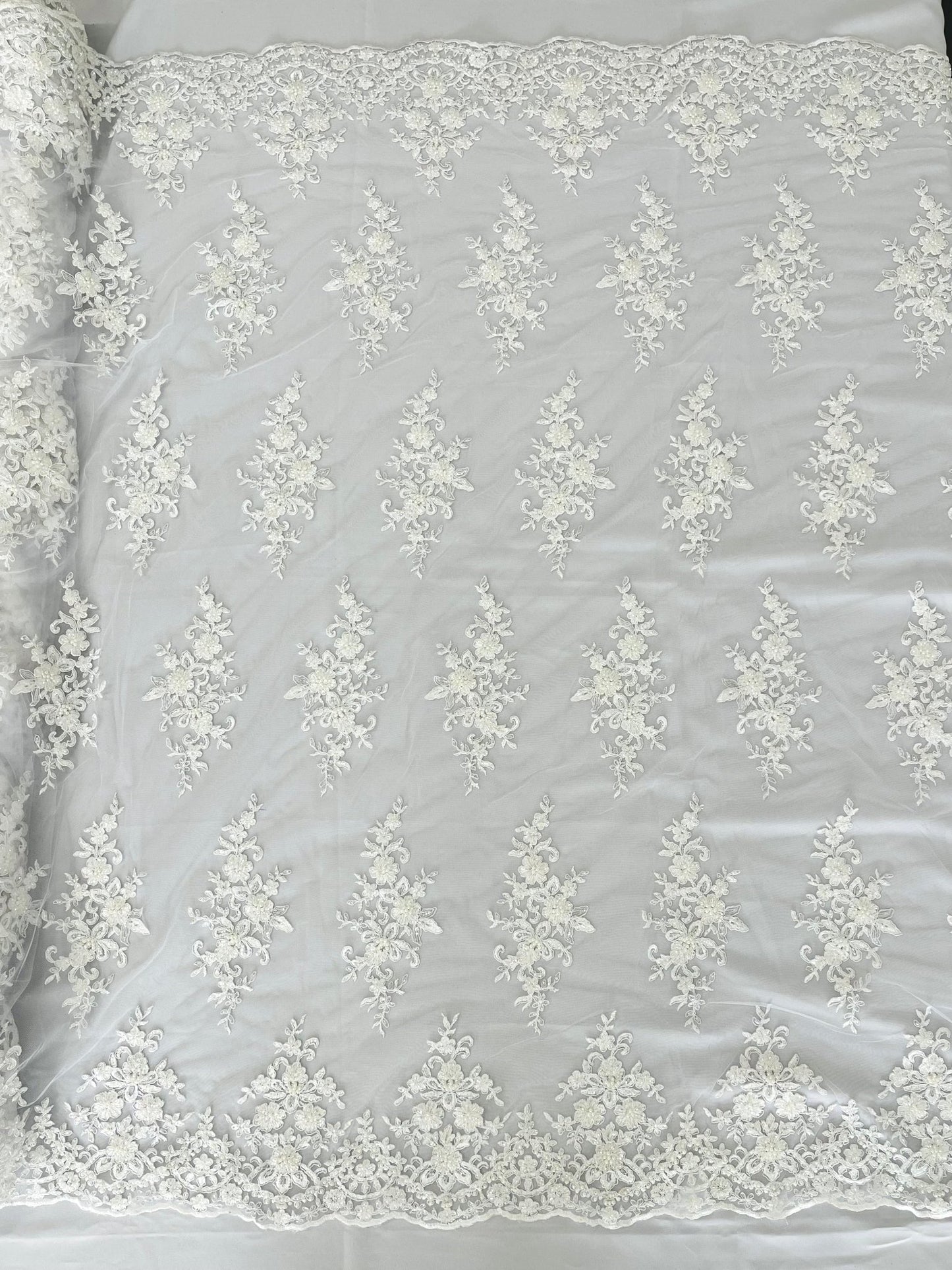 FLORAL DAMASK BEADED LACE ON MESH FABRIC (By The Yard) - New Creations Fabric & Foam Inc