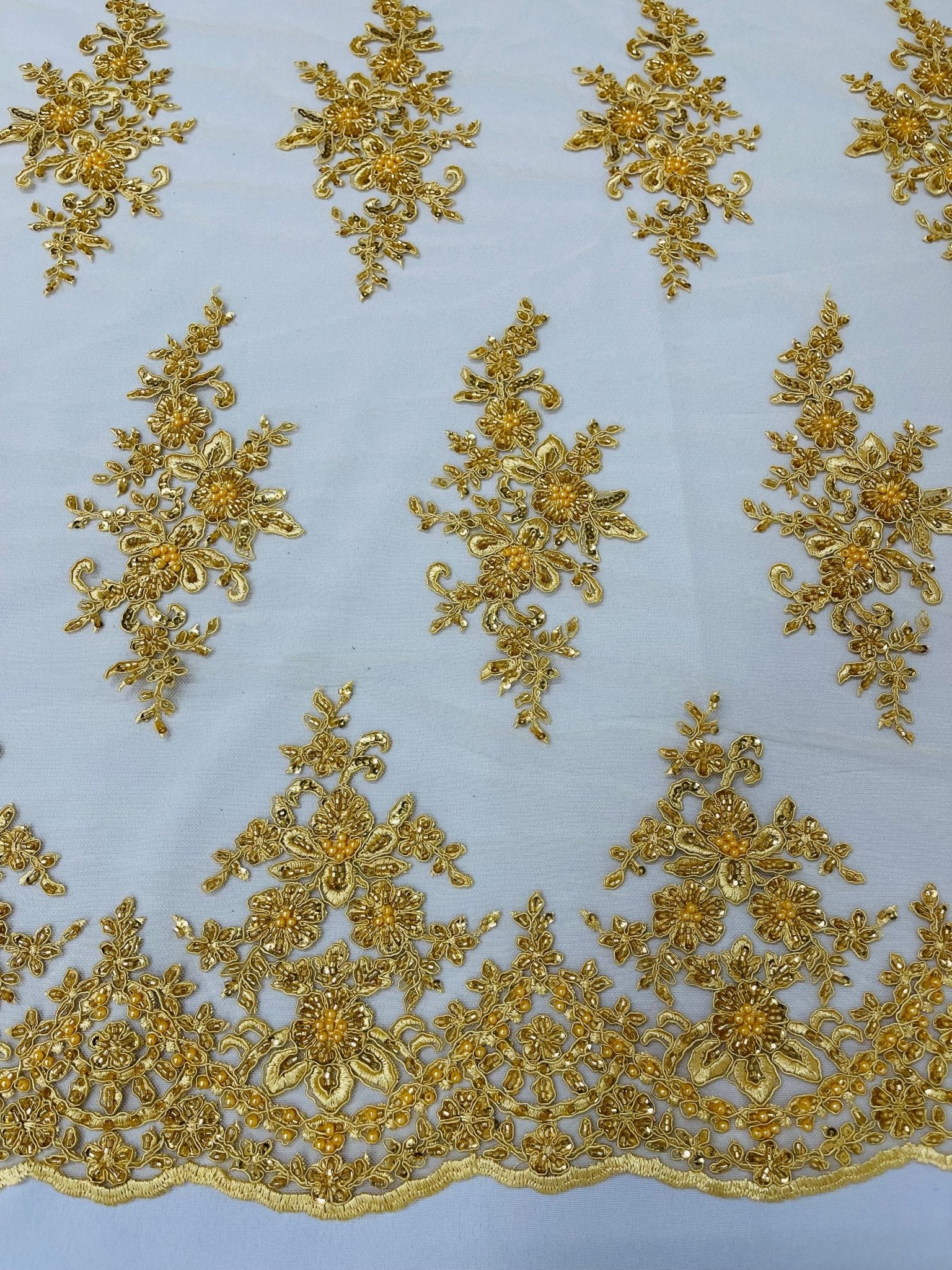 FLORAL DAMASK BEADED LACE ON MESH FABRIC (By The Yard) - New Creations Fabric & Foam Inc