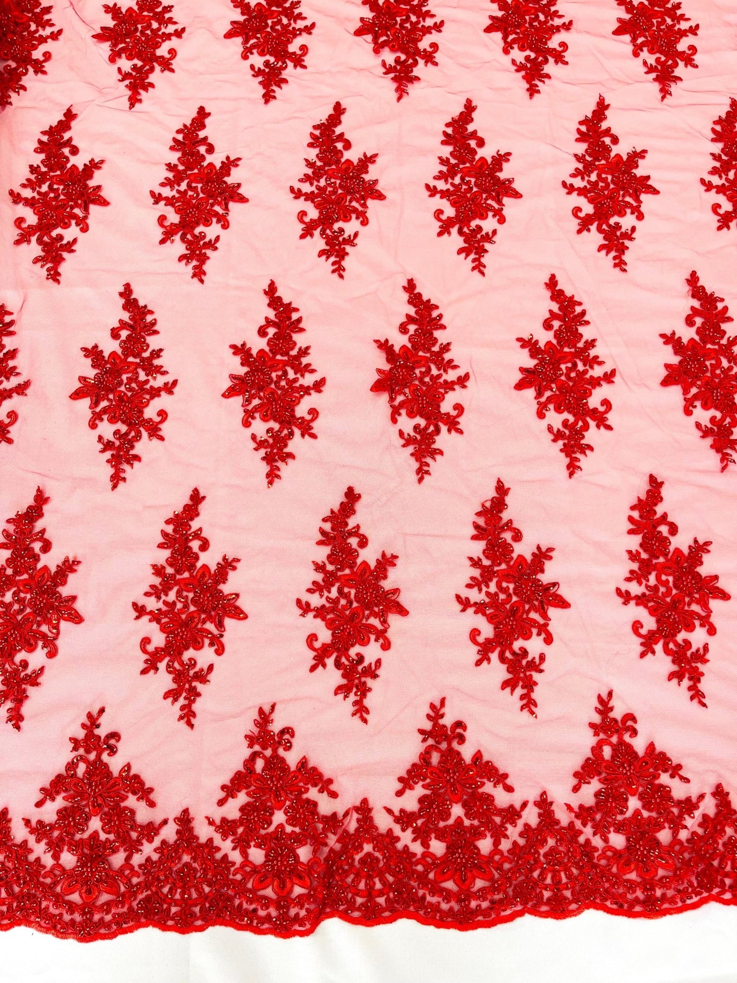 FLORAL DAMASK BEADED LACE ON MESH FABRIC (By The Yard) - New Creations Fabric & Foam Inc