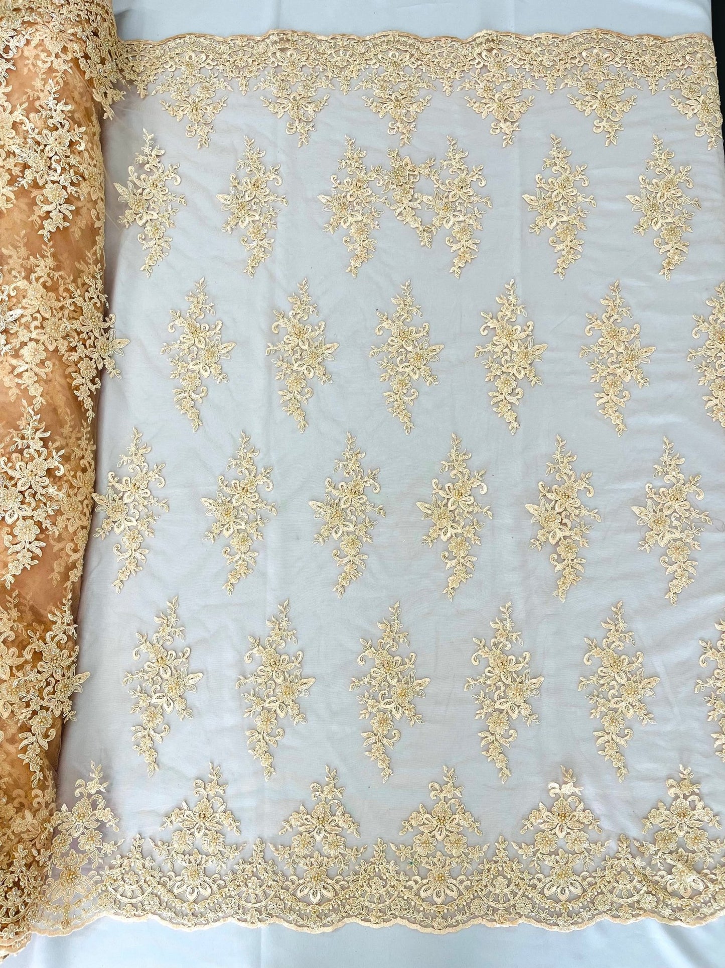 FLORAL DAMASK BEADED LACE ON MESH FABRIC (By The Yard) - New Creations Fabric & Foam Inc