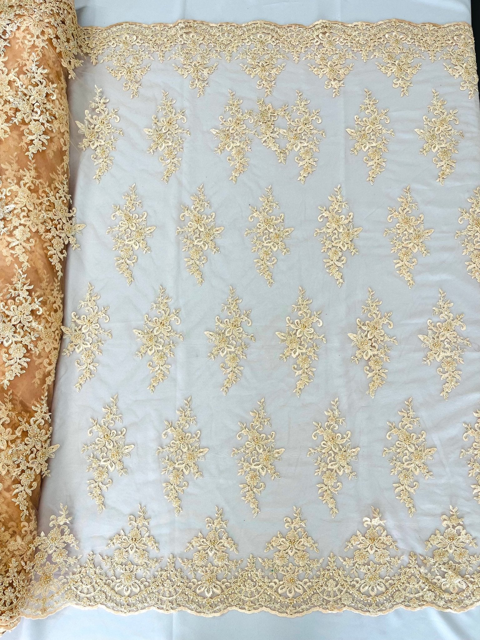 FLORAL DAMASK BEADED LACE ON MESH FABRIC (By The Yard) - New Creations Fabric & Foam Inc