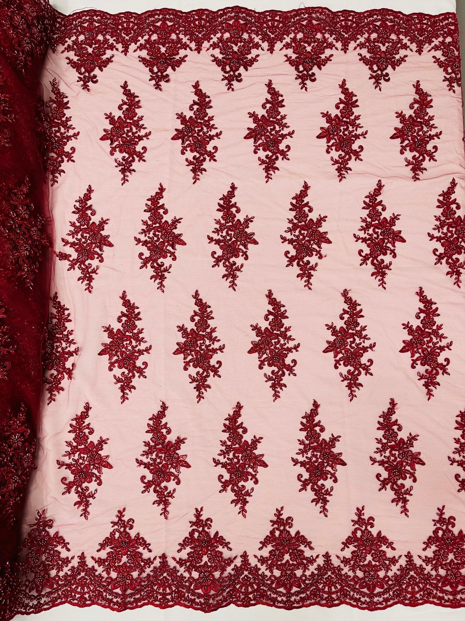 FLORAL DAMASK BEADED LACE ON MESH FABRIC (By The Yard) - New Creations Fabric & Foam Inc