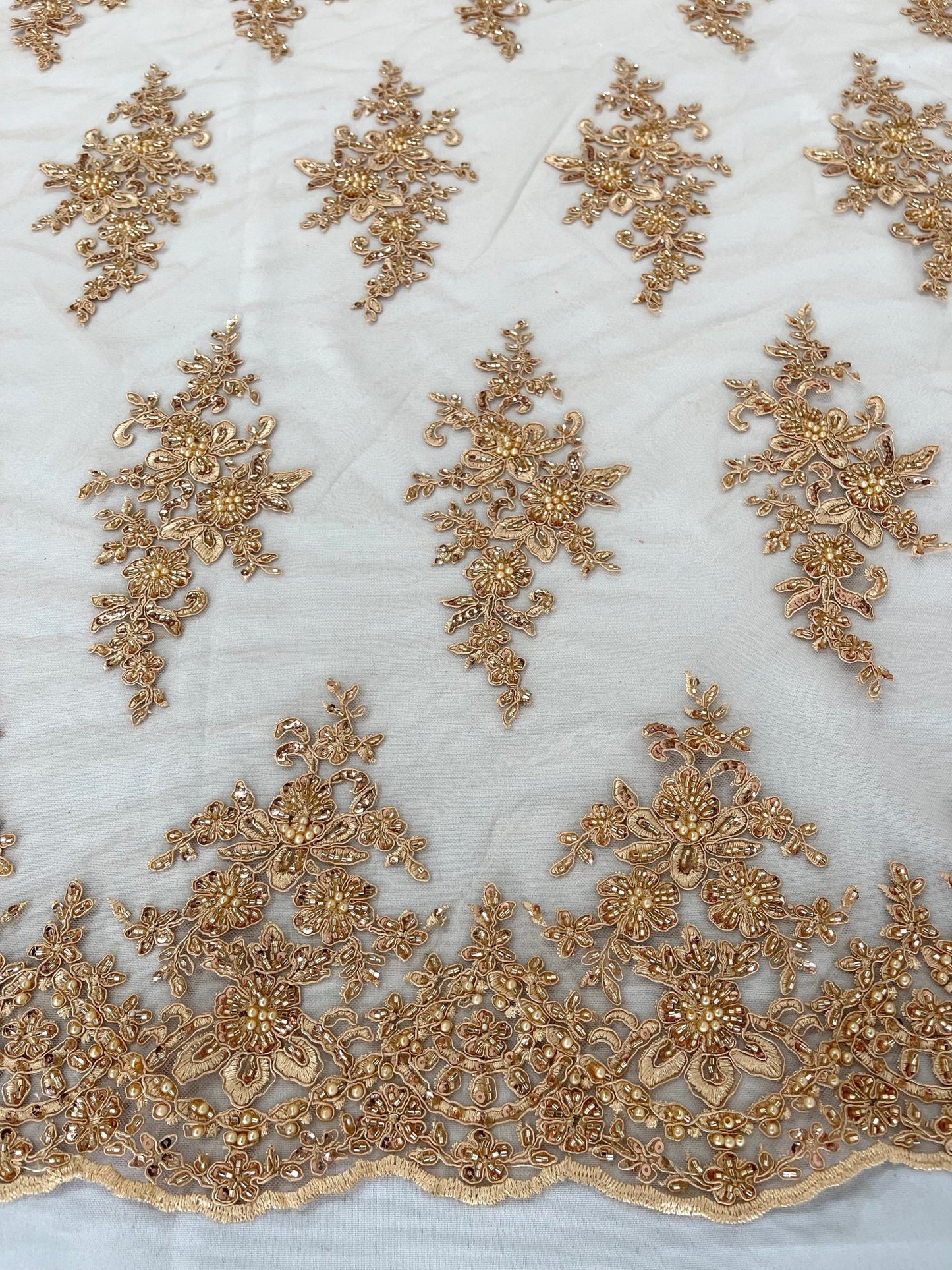 FLORAL DAMASK BEADED LACE ON MESH FABRIC (By The Yard) - New Creations Fabric & Foam Inc