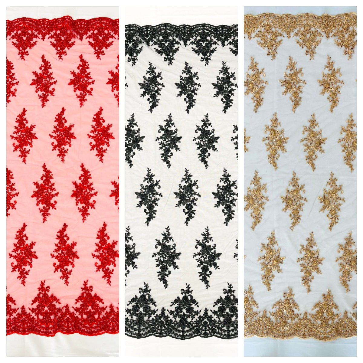 FLORAL DAMASK BEADED LACE ON MESH FABRIC (By The Yard) - New Creations Fabric & Foam Inc