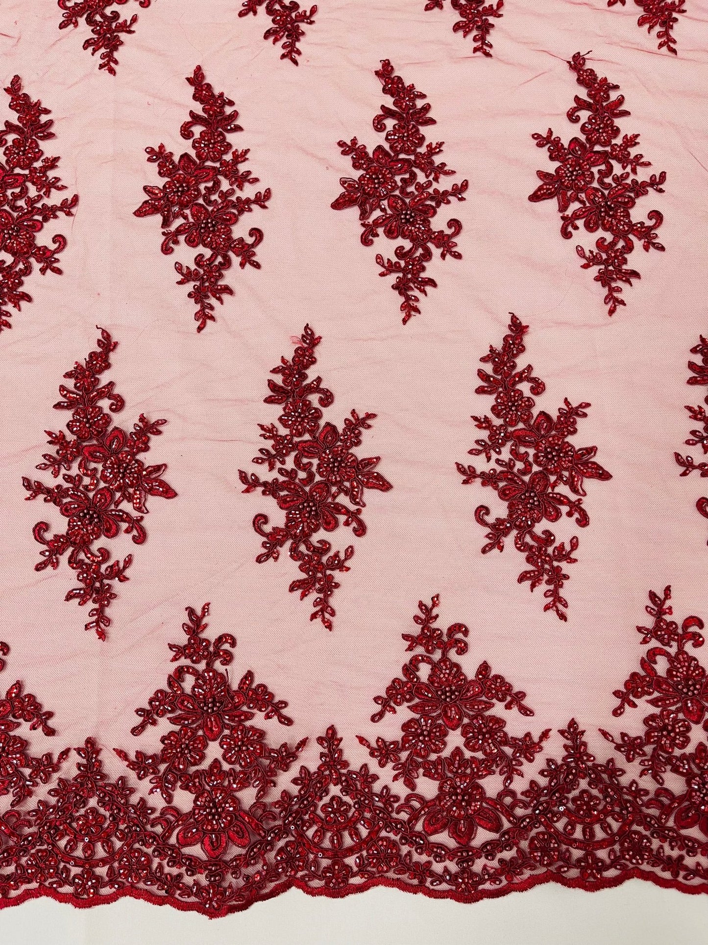 FLORAL DAMASK BEADED LACE ON MESH FABRIC (By The Yard) - New Creations Fabric & Foam Inc